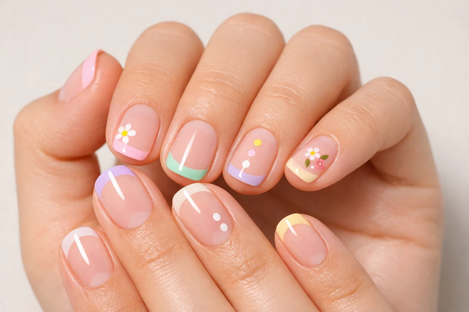 Close-up of stylish short nails with easy, trendy manicure designs